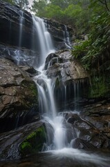 Obraz premium Highly detailed close-up photo of a powerful waterfall erupting over the steppe's splendor.