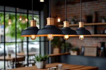 Modern black and gold hanging lamps illuminating contemporary cafe interior