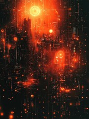 Fototapeta premium Abstract cityscape glows with fiery light.