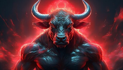 A dramatic fantasy art of a muscular raging bull with a dark background with red neon light; hyper realistic