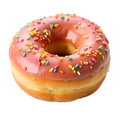 Pink donut with sprinkles on white background