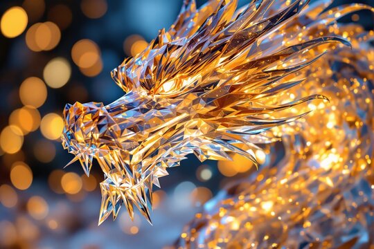 Shimmering crystal dragon with golden glowing facets on a blurred bokeh background, symbolizing power and mysticism. Ai generative