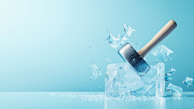 Ice cube shattered by hammer,  breaking ice concept