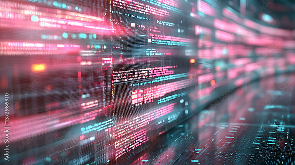 Poster abstract digital data stream visualization. neon pink and teal coding lines flow across a futuristic