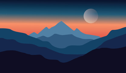 Fototapeta premium flat vector simple landscape mountain, silhouette, sunset, pine