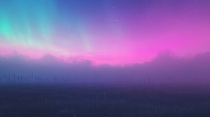 Soft hues of the aurora light up the sky above a foggy field at dawn, creating a serene atmosphere.