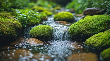 Fresh mountain stream flowing over mossy rocks. Lush greenery surrounds the water