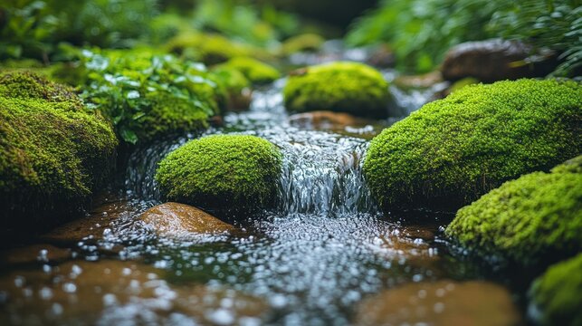Fresh mountain stream flowing over mossy rocks. Lush greenery surrounds the water