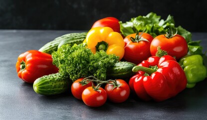Fresh colorful vegetables on dark surface.  A vibrant assortment of healthy, organic produce