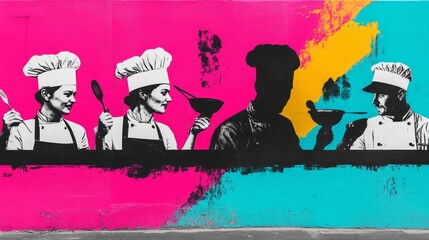Culinary artistry displayed through chefs in an expressive mural
