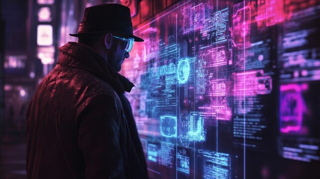 Cybersecurity specialist analyzes data streams on a holographic display in the city