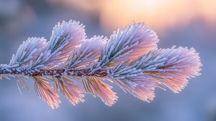 Frosted pine branch at sunrise