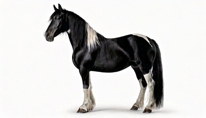 Fototapeta premium Black and white horse standing in profile, centered on white background