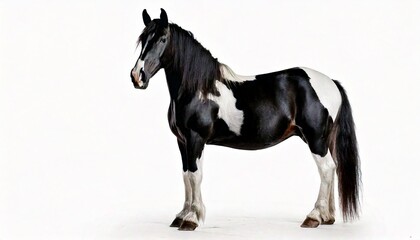 Fototapeta premium Black and white horse standing in profile, centered on white background