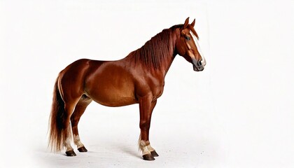 Obraz premium Brown horse standing in profile, centered on white background