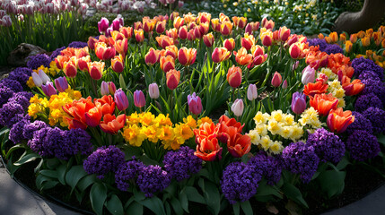 A beautiful display of tulips, daffodils, and hyacinths arranged in a circle, creating a vibrant burst of color on the ground.