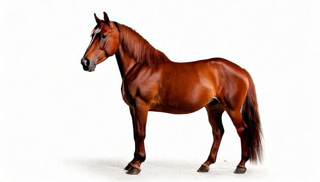Brown horse standing in profile, centered on white background