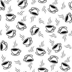 Seamless cup pattern, vector line drawing, minimal tea coffee mug design, black white outline, simple background, kitchen drink decorative texture modern repeat, elegant trendy beverage breakfast