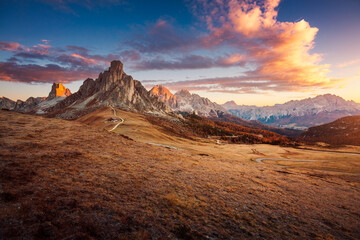 Panoramic view of Passo di Giau and Ra Gusela hiking circuit in the Averau-Nuvolau area. Location place Dolomites Alps, Cortina d'Ampezzo, South Tyrol, Italy, Europe.
