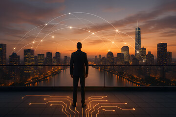 Businessman Overlooking City Network