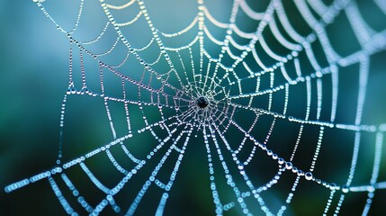 Fototapeta premium Close-up of a spiderweb with dew drops against a blurred