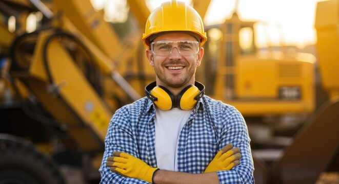 Smiling construction worker with yellow hard hat and hearing protection at building site. Confident man with crossed arms wearing safety gear. Occupational safety and construction industry.