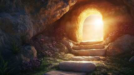 Easter morning  the radiant light of the empty tomb with the stone rolled away and folded shroud