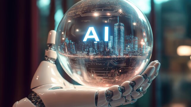  Photo of a robot hand holding a crystal ball with a futuristic cityscape inside, with the text "AI" on it and a digital circuit background.