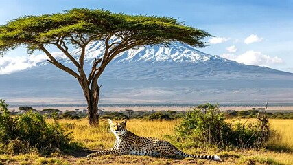 A majestic cheetah resting in the golden savanna grass under a large acacia tree with a snow-capped mountain in the background - Powered by Adobe