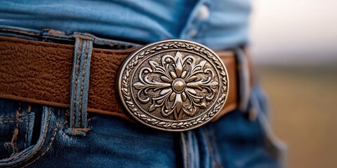 cowboy fashion show, a country artist wearing a stylish belt buckle featuring western designs, with a blurred stage lighting scene in the backdrop