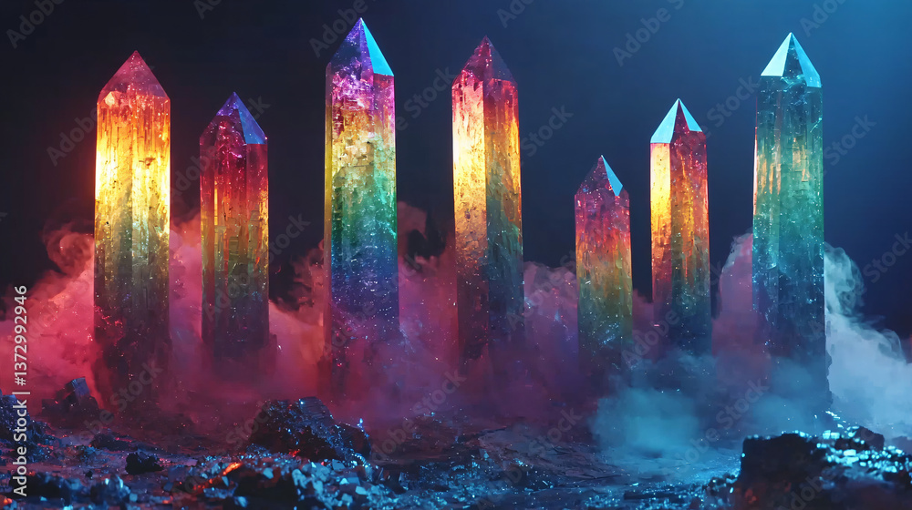 Wall mural a mysterious group of crystals illuminated in the dark with rainbow-colored obsidian creating an atm