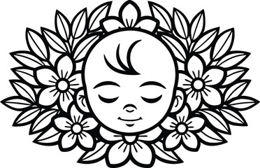 Outlined Baby Face Sleeping Surrounded by Flowers with Transparent Background Design