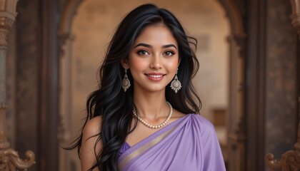 Fototapeta premium Brunette woman's smiling face radiates beauty and happiness
