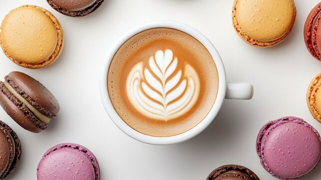 A top-down view of a coffee break, featuring a stylish latte and macarons