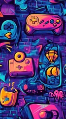 Brightly colored graffiti art features different retro video game controllers