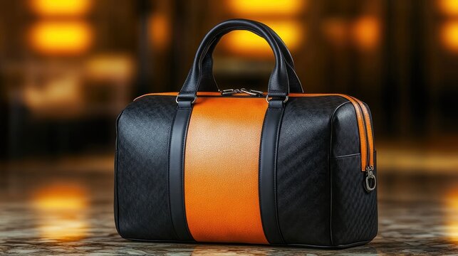 A travel duffel bag standing on a terrazzo floor in an upscale airport lounge