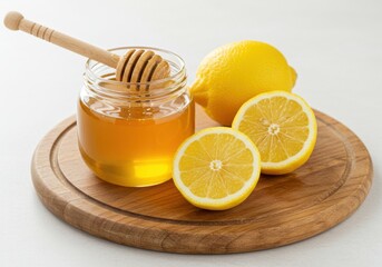 A jar of honey with dipper and lemons on a wooden circular board