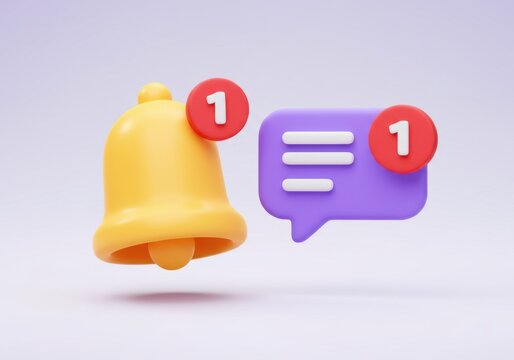 Yellow bell and purple speech bubble with notification number one icon