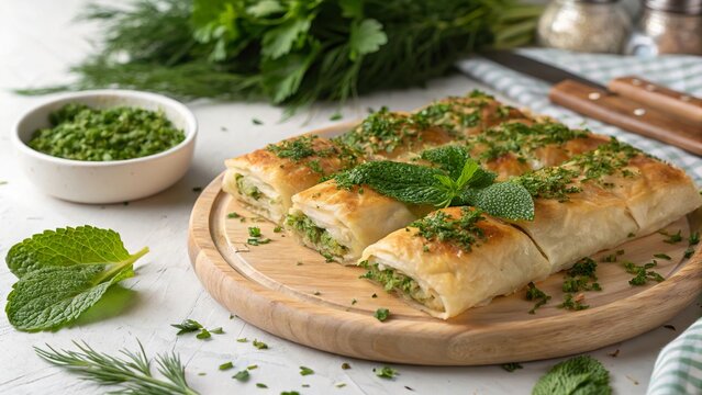 Enticing freshly baked b rek with a vibrant herb garnish presented on a rustic wooden board