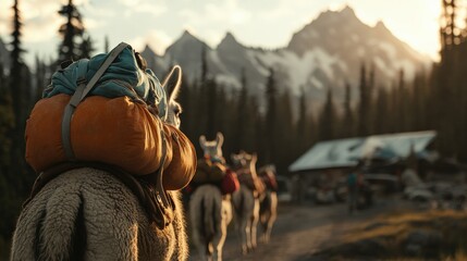An Adventurous Journey Through Scenic Mountain Trails with Llamas Carrying Colorful Packs in the Soft Glow of Sunset for Outdoor Exploration Enthusiasts