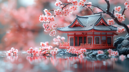 Fototapeta premium enamel jewelry figurine with traditional japanese house and blooming sakura tree on blurred background, blossom, architecture, japan, spring