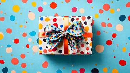 A birthday gift with a bright confetti print and a quirky bow, perfect for bringing joy and surprise to the celebration.