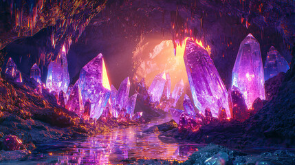 Fototapeta premium A mysterious cave illuminated by purple and orange lights creating a stunning display of colors against the crystals and reflective surfaces present.