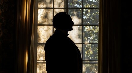 Silhouette of a person stands near a window with light