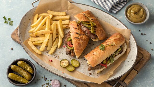 Delicious bifanas served with crispy fries and tangy pickles for a satisfying meal experience