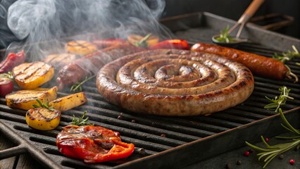 Sizzling boerewors coils grilled to perfection beside colorful vegetables on an outdoor barbecue
