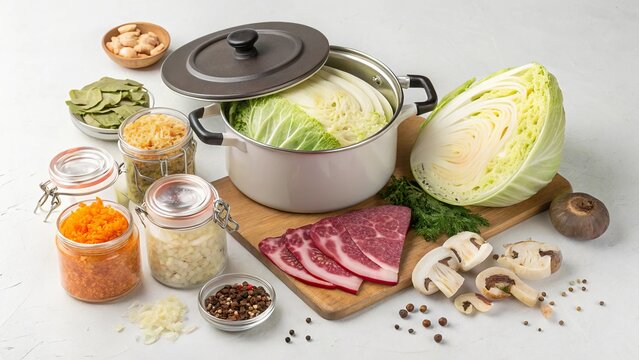 Ingredients for a hearty bigus featuring cabbage and assorted fresh vegetables