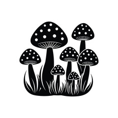 Enchanting Fungi Silhouette: A collection of whimsical mushrooms, rendered in stark black and white, grows amidst the grass, creating a mesmerizing visual story.