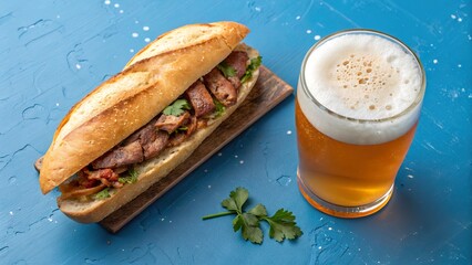 Delightful bifana sandwich paired with a refreshing cold beer on a vibrant blue table