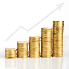 Coins on white background showing wealth increase